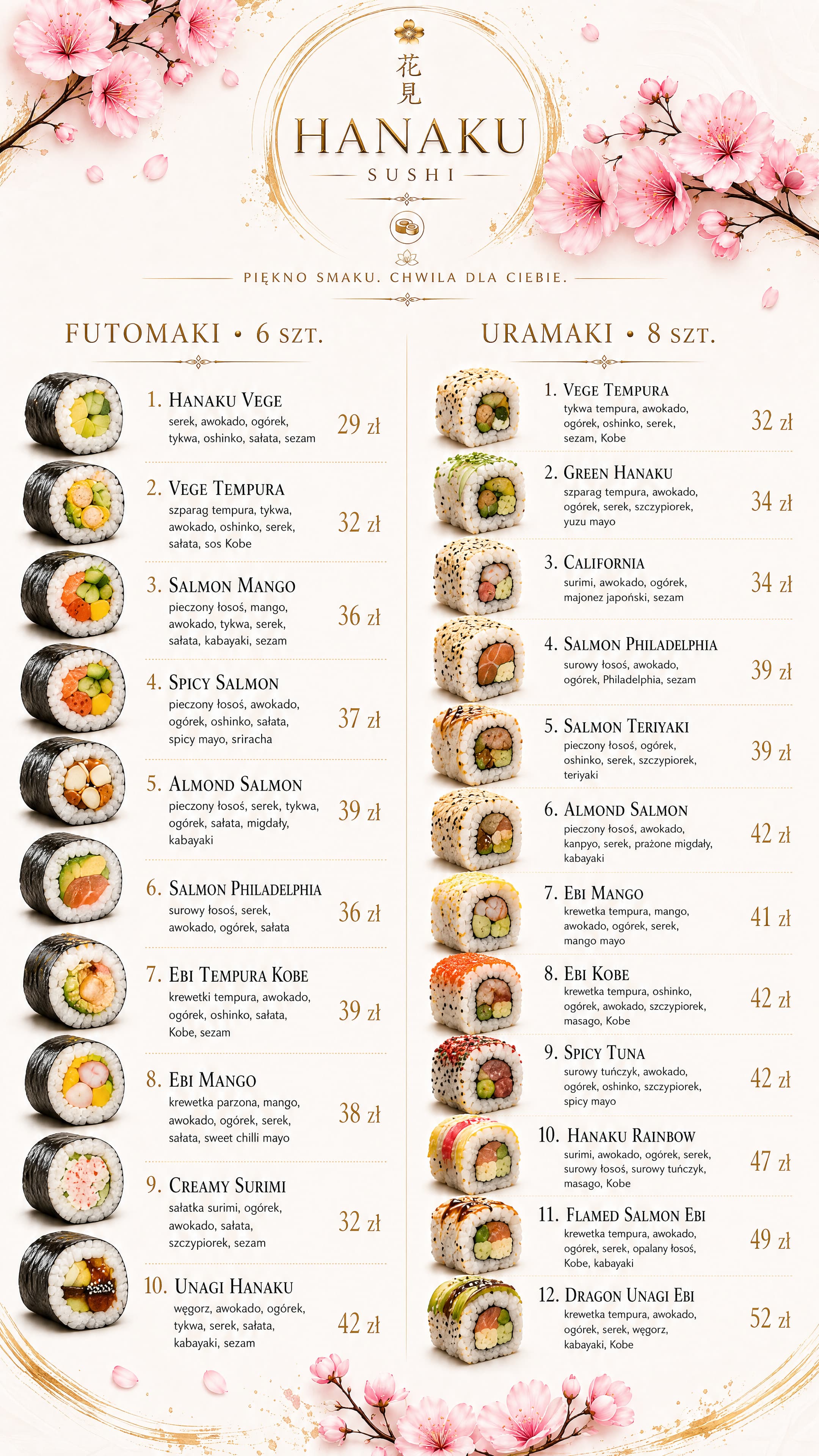 Plansza z futomaki po sześć sztuk i uramaki po osiem sztuk, ze składem i cenami.