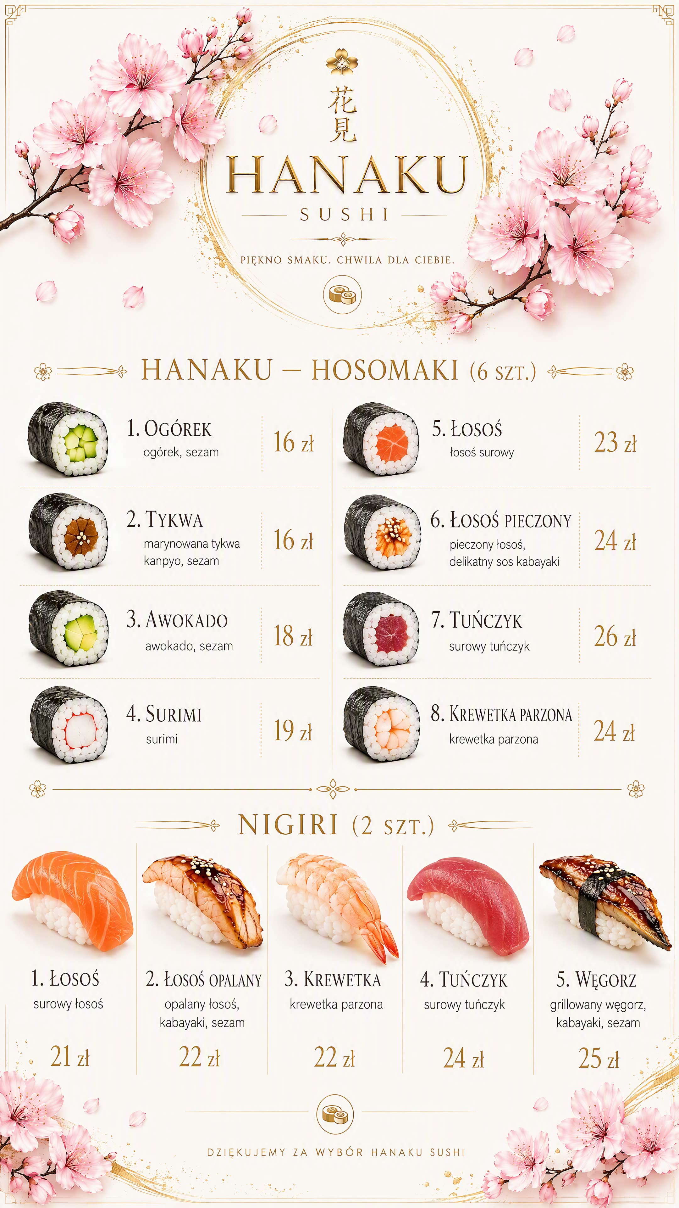 Plansza z hosomaki po sześć sztuk i nigiri po dwie sztuki, ze składem i cenami.