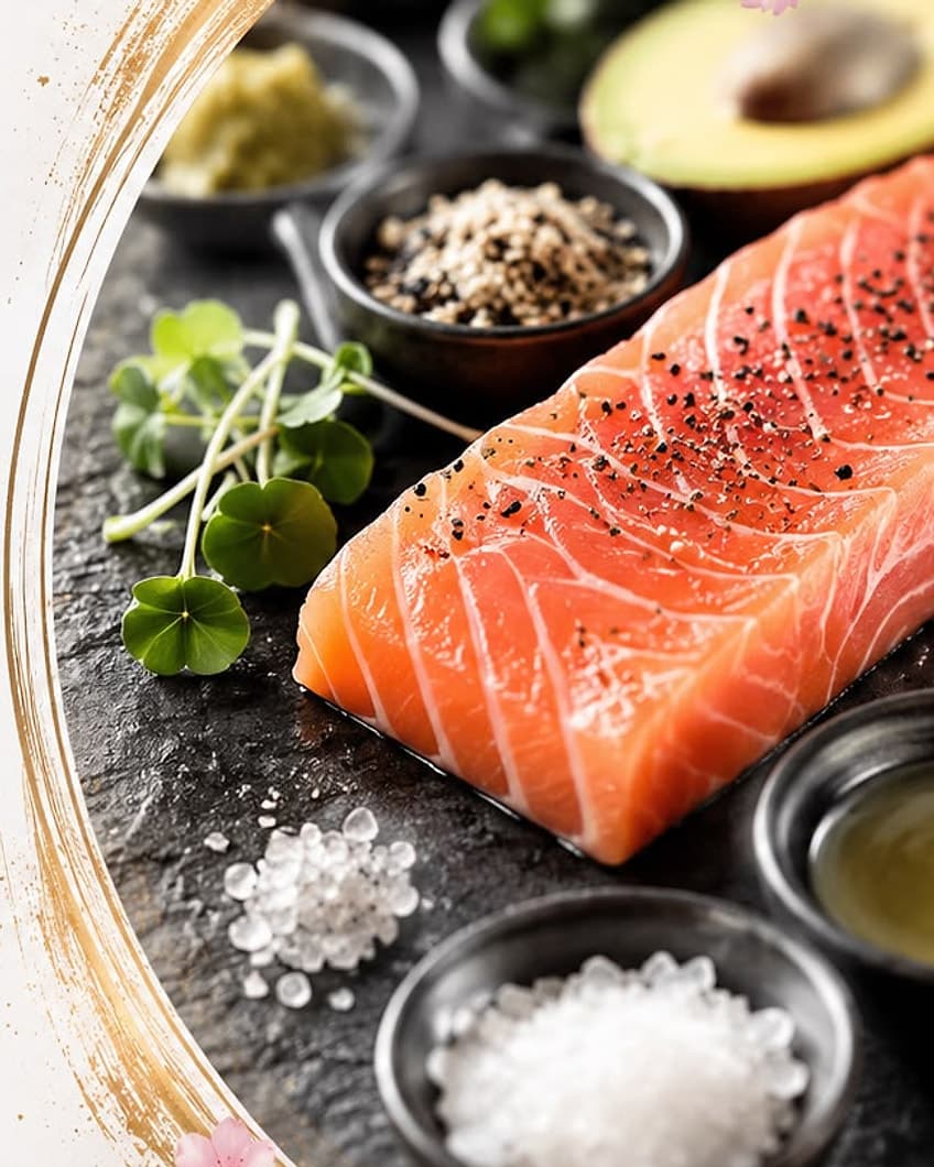Świeży filet z łososia na kamiennej płycie, obok avocado, sezam, sól morska i mikroliście — składniki używane w Hanaku Sushi.